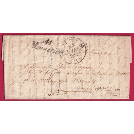 CURSIVE 41 MONASTIER HAUTE LOIRE CAD TYPE 12 LE PUY EN VELAY BAGNOLS GARD 1832 INDICE 11 LETTRE COVER FRANCE