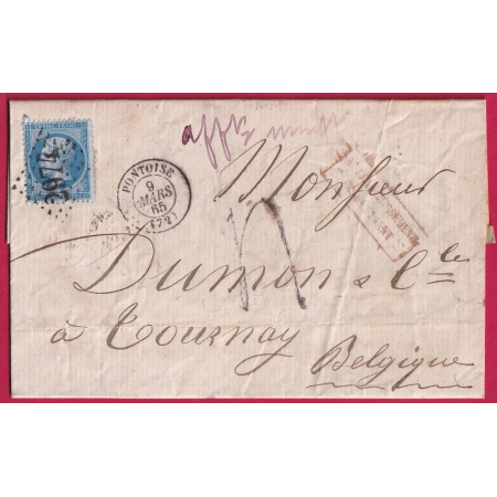 N°22 TAXE TAMPON 4 GC PONTOISE SEINE ET OISE POUR TOURNAY BELGIQUE LETTRE COVER FRANCE