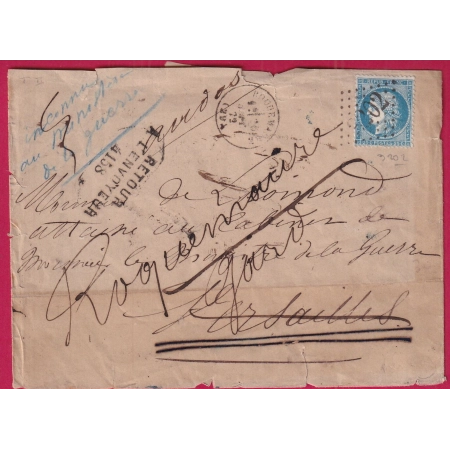 N°22 GC 3202 ROQUEMAURE GARD RETOUR ENVOYEUR VERSAILLES 1873 CACHET DE FACTEUR DE VERSAILLES LETTRE COVER FRANCE