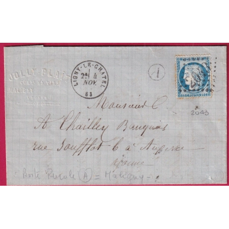 N°60 GC 2043 LIGNY LE CHATEL YONNE BOITE RURALE A MALIGNY POUR AUXERRE LETTRE COVER FRANCE