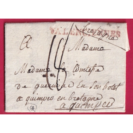 MARQUE VALENCIENNES NORD EN ROUGE INDICE 9 LN°10 1788 POUR QUIMPER FINISTERE LETTRE COVER FRANCE