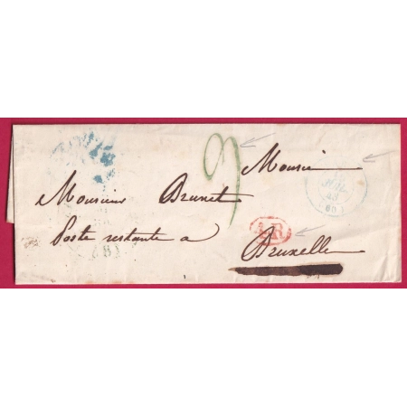 TAXE TAMPON EN VERT 9 CAD PARIS 1843 POUR BRUXELLES BELGIQUE LETTRE COVER FRANCE
