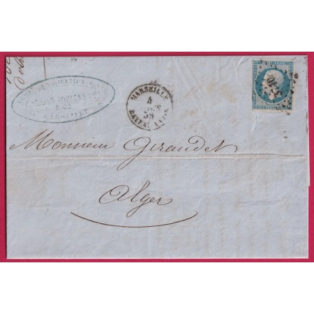 N°14 MARSEILLE BATEAU A VAPr + PC 3710 POUR ALGER INDICE 18 LETTRE COVER FRANCE