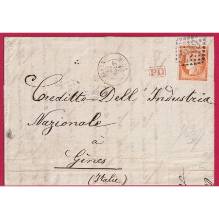 N°38 ALGER BATEAU A VAPEUR GC 2240 MARSEILLE POUR GENES ITALIE ITALIA GENOVA 1874 LETTRE COVER FRANCE