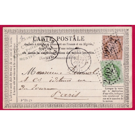 N°53 54 GC 2502 MONTPELLIER HERAULT POUR PARIS CARTE PRECURSEUR N°1 22 JANVIER 1874 LETTRE COVER FRANCE