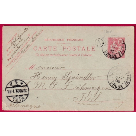 ENTIER MOUCHON ROCHE LEZ BEAUPRE BOITE RURALE A THISE POUR KIEL ALLEMAGNE LETTRE COVER FRANCE