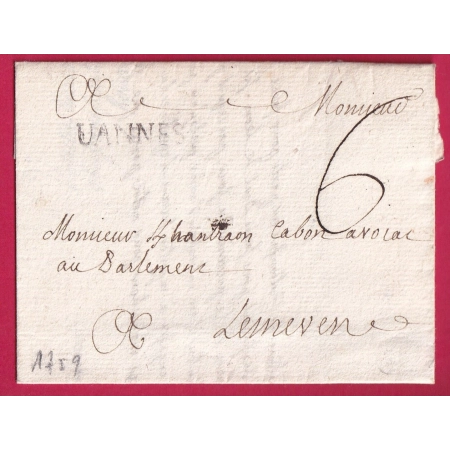 MARQUE VANNES MORBIHAN LENAIN N°6A POUR LESNEVEN 1759 LETTRE COVER FRANCE INDICE 12