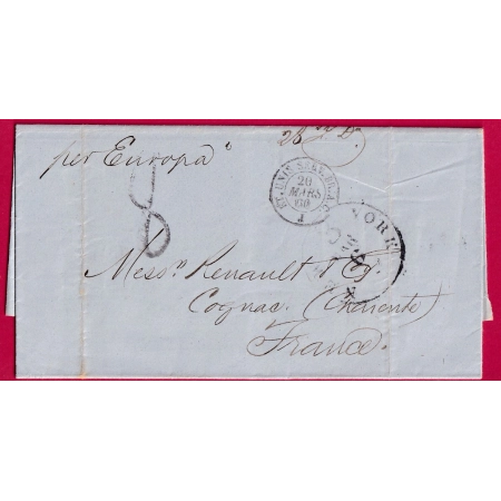 LETTRE DE NEW YORK USA 1860 STEAMER EUROPA POUR COGNAC CHARENTE LETTRE COVER FRANCE UNITED STATES