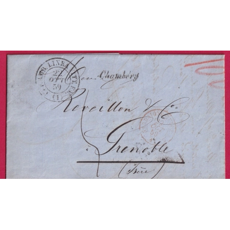 AMBULANT SARDE AMB LINEA VITT EM 1 + GRIFFE DE GARE SARDE CHAMBERY SAVOIE POUR GRENOBLE ISERE 1859 ITALIE ITALIA LETTRE