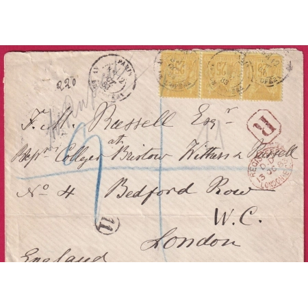 N°92 BANDE DE 3 PARIS AV DE L'OPERA POUR LONDRES 1883 ANGLETERRE RECOMMANDE 2 EME ECHELON