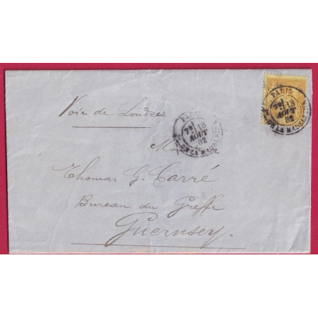 N°92 PARIS PL DE LA MADELEINE 1882 POUR GUERNESEY VIA LONDRES LONDON ANGLETERRE