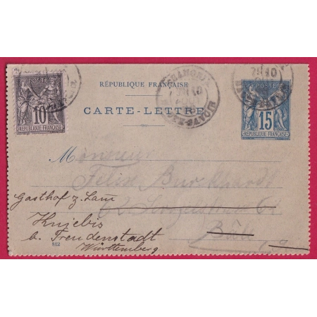 ENTIER SAGE + N°89 CHAMONIX HAUTE SAVOIE 1898 POUR BALE SUISSE REEXP ALLEMAGNE WURTTEMBERG