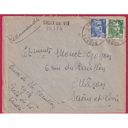GANDON CROIX DE VIE VENDEE 1945 RECOMMANDE PROVISOIRE CAD TYPE HOROPLAN