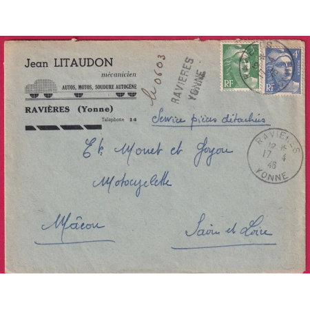 GANDON RAVIERES YONNE 1946 RECOMMANDE PROVISOIRE  POUR MACON