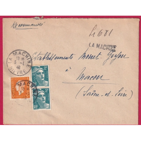 GANDON DULAC LA MACHINE NIEVRE 1946 RECOMMANDE PROVISOIRE  POUR MACON