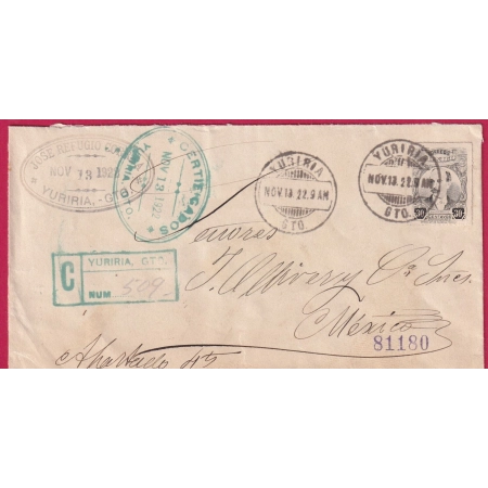 MEXIQUE MEXICO YURIRIA 1922 RECOMMANDE REGISTRED POUR MEXICO LETTRE COVER