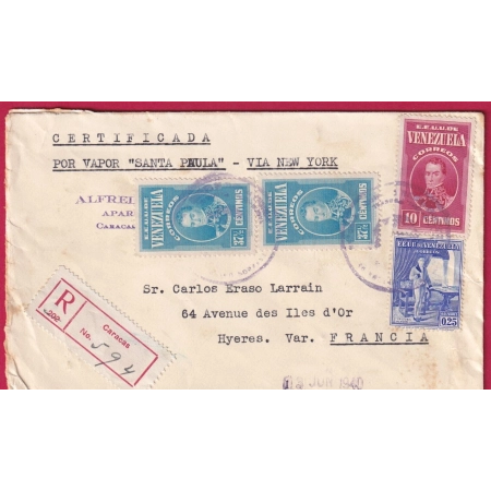 VENEZUELA CARACAS RECOMMANDE REGISTRED  1940 HYERES FRANCE VAR LETTRE COVER