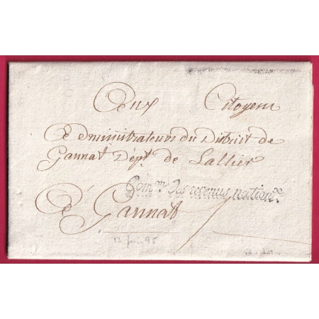 FRANCHISE COMMISSION DES REVENUS NATIONAUX PARIS AN3 1795 POUR ST GANNAT ALLIER LETTRE COVER FRANCE