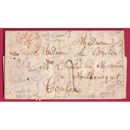 CACHET ENTREE OUTREMER TOULON EN ROUGE LE PALERME PALERMO ITALIE ITALIA 1847 INDICE 19 LETTRE COVER FRANCE