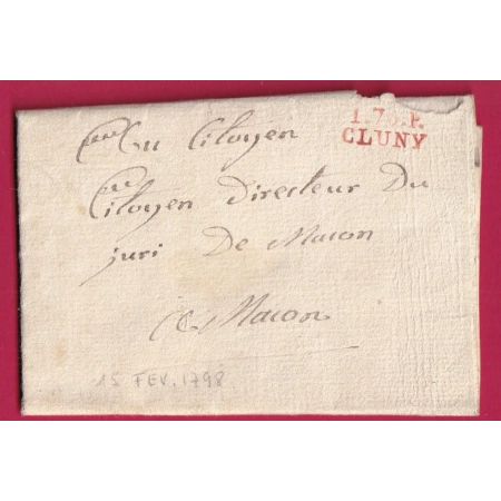 MARQUE P70P CLUNY SAONE ET LOIRE EN ROUGE 1798 20X8 INDICE 14 POUR MACON AU DOS CACHET DE CIRE POSTES AUX LETTRES