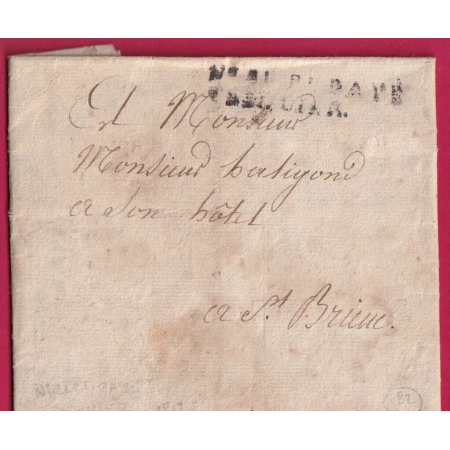 MARQUE N°21 PORT PAYE TREGUIER COTE DU NORD 1813 POUR ST BRIEUC LETTRE COVER FRANCE