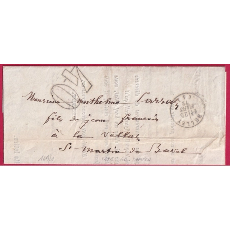 TAXE TAMPON 40 BELLEY 1872 CAD TYPE 16 POUR VIRIEU LE GRAND AIN LETTRE COVER FRANCE