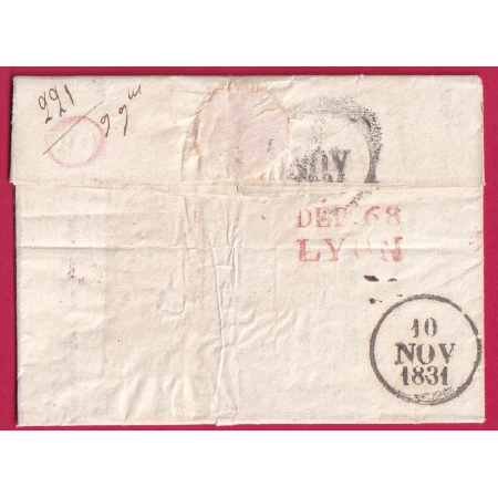 DEBOURSE DEB 68 LYON EN ROUGE INDICE 17 CAD TYPE 12 EN ROUGE BELLEY AIN 1831 INDICE 12 LETTRE COVER FRANCE