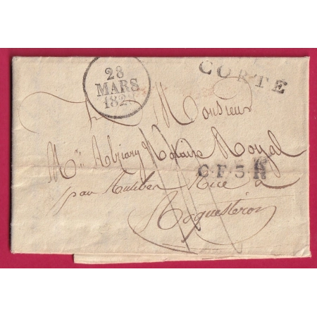MARQUE 19 CORTE CORSE 1828 POUR ROQUESTERON ETAT SARDE ALPES MARITIMES CACHET ARRIVE NICE SARDE LETTRE COVER FRANCE