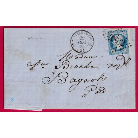 N°14 BDF GC 3882 PRECOCE 29.12.1862 ST VALLIER SUR RHONE DROME POUR BAGNOLS GARD LETTRE COVER FRANCE ETIQUETTE PUB