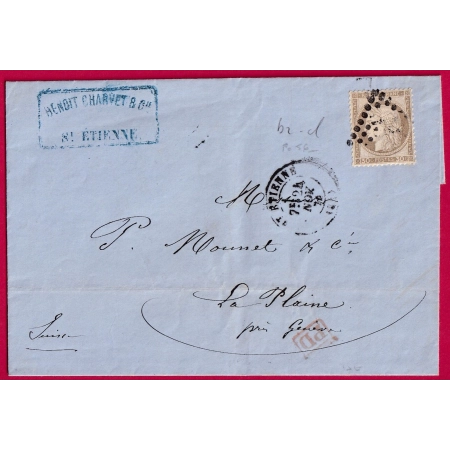 N°56 GC 3581 ST ETIENNE LOIRE POUR LA PLAINE GENEVE SUISSE 1874 LETTRE COVER FRANCE