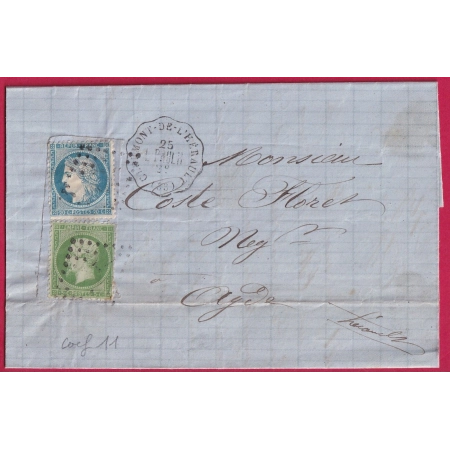 N°37 20 CONVOYEUR STATION CLERMONT DE L'HERAULT POUR AGDE 25 SEPTEMBRE 1871 FRAUDE POSTALE TIMBRE DECOUPE PAPIER AU DOS