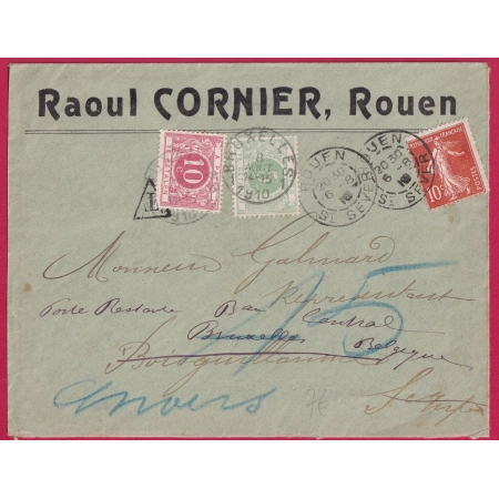 N°136 ROUEN ST SEVER 1910 TIMBRE TAXE POSTE RESTANTE BELGE BRUXELLES BELGIQUE  LETTRE COVER FRANCE