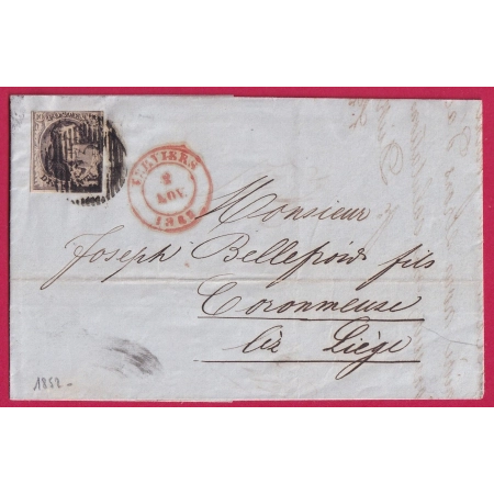 BELGIQUE N°3 ? CAD ROUGE VERVIERS 1852 POUR LIEGE LETTRE COVER FRANCE