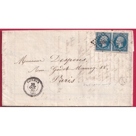 N°14 PAIRE BDF PC 2391 PAULHAN HERAULT BOITE RURALE A ADISSAN POUR PARIS LETTRE COVER