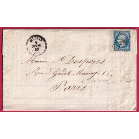 N°14 BDF PC 2391 PAULHAN HERAULT BOITE RURALE A ADISSAN POUR PARIS LETTRE COVER FRANCE