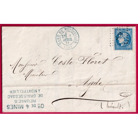 N°46B BLEU FONCE CAD BLEU GARE DE MONTPELLIER HERAULT POUR AGDE RARE LETTRE COVER
