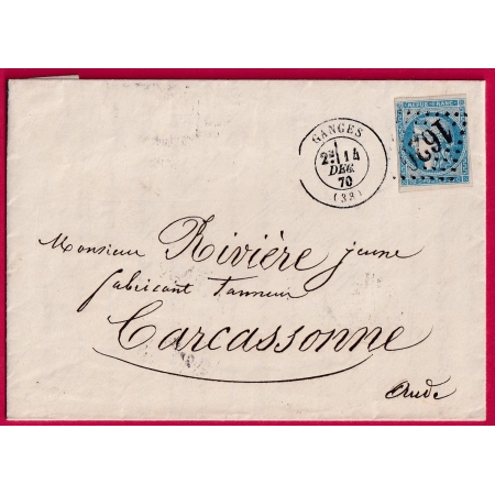 N°45A GC 1620 GANGES HERAULT POUR CARCASSONNE AUDE LETTRE COVER FRANCE