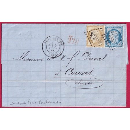 DOUBLE PORT FRONTALIER N°55 + 60 GC 2964 PONTARLIER DOUBS POUR COUVET SUISSE LETTRE COVER FRANCE