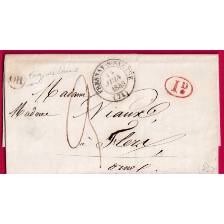CAD TYPE 14 FRESNAY SUR SARTHE OR FORGE DE LAUNE + DECIME RURAL ROUGE POUR FLERS ORNE 1845 LETTRE COVER FRANCE