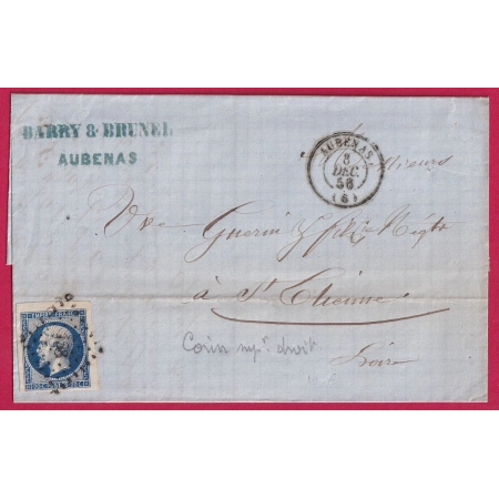 N°14 COIN DE FEUILLE PC AUBENAS ARDECHE POUR ST ETIENNE LOIRE LETTRE COVER FRANCE