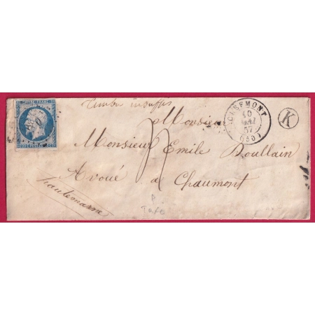 N°14 PC 880 CLEFMONT HAUTE SAONE TAXE MANUSCRIT 4 BOITE RURALE K POUR CHAUMONT LETTRE COVER FRANCE