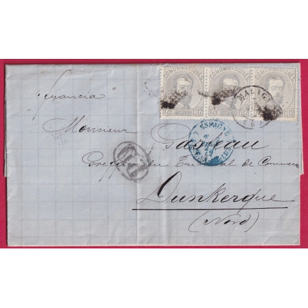 N°121 BANDE DE 3 MALAGA ESPAGNE ESPANA SPAIN POUR DUNKERQUE NORD 1872 LETTRE COVER FRANCE