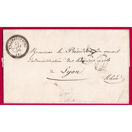 CAD TYPE 22 VILLEREVERSURE AIN TAXE TAMPON 30 POUR LYON RHONE 1856 LETTRE COVER FRANCE