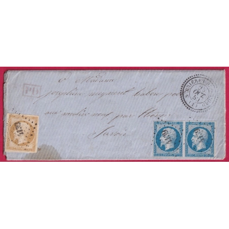N°14 PAIRE + 13 PC 4139 SERRIERES DE BRIORD AIN CAD TYPE 22 POUR THONON HAUTE SAVOIE ETATS SARDE RARE COVER FRANCE