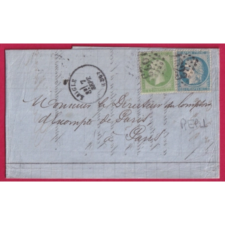 N°37 20 GC 1923 LAIGLE ORNE 7 SEPTEMBRE 1871 VARIETE U CASSE SUR 37 POUR PARIS LETTRE COVER FRANCE