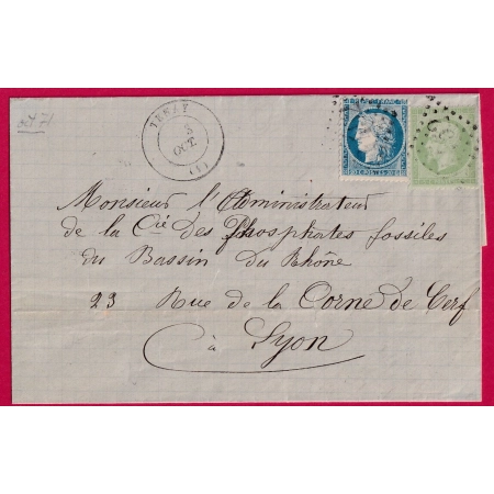 N° 37 + 20 GC 4452 TENAY AIN 3 OCTOBRE 1871 CACHET ECHOPPE POUR LYON RHONE LETTRE COVER FRANCE