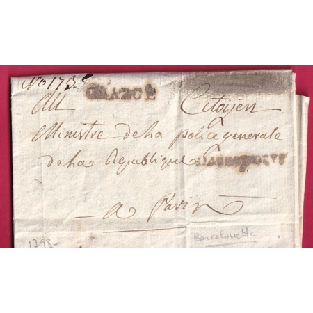 RARE MARQUE CHARGE 5 BARCELONETTE BASSES ALPES AN6 1798 PARIS LETTRE COVER FRANCE
