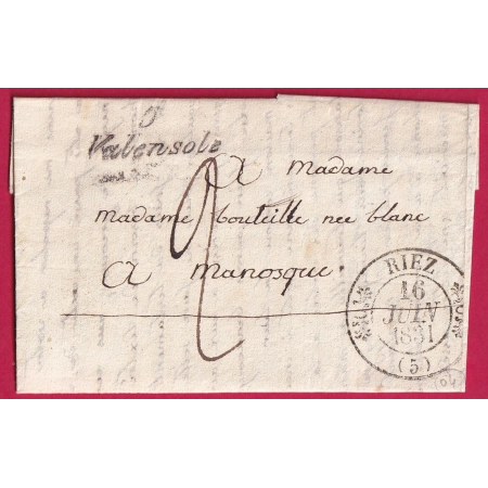 CURSIVE 5 VALENSOLE BASSES ALPES + CAD TYPE 11 RIEZ 1831 POUR MANOSQUE LETTRE COVER FRANCE