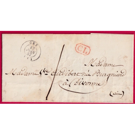 CAD TYPE 15 GEX AIN TEXTE DE FERNEY VOLTAIRE 1857 POUR DIVONNE TAXE LOCALE 1 + CL LETTRE COVER FRANCE