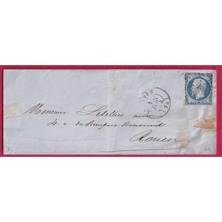N°15 PC 1495 LE HAVRE SEINE INFERIEURE POUR ROUEN 1 JUIN 1854 LETTRE COVER